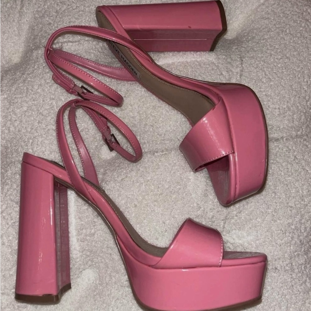 Steve Madden Pink Patent Platform Block Heel Sandals with Wrap Strap